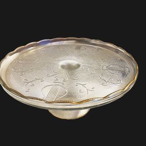 MCM Jeanette Glass Harp Etched Cake Stand Scalloped Gold Trim VTG Dessert 10"